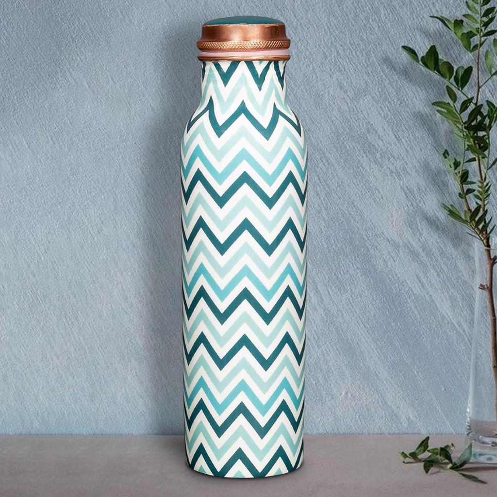 Pure Copper Water Bottle 1 Litre Alkaline and Anti Oxidant 100% Leak Proof, Office ,Modern Tamba Bottle(Chevron, Teal Blue)