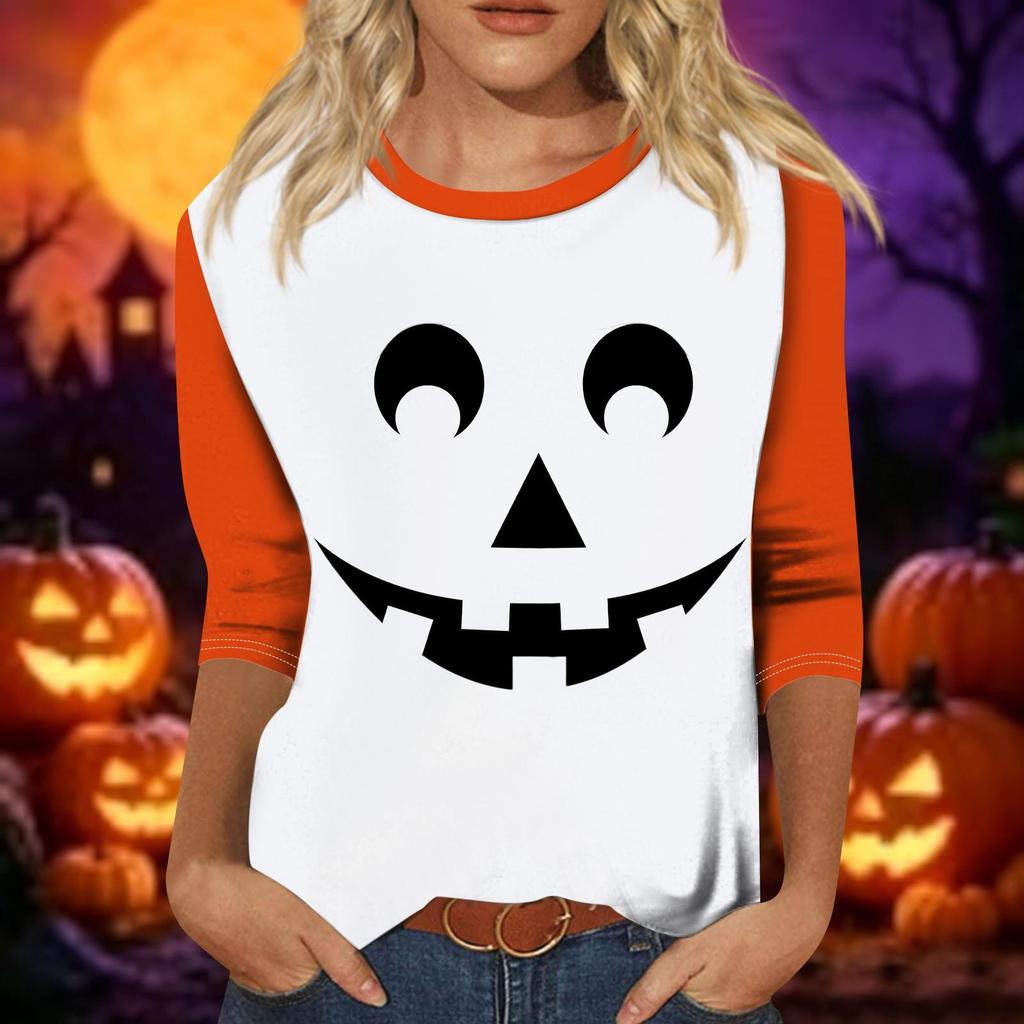 Women's Casual Halloween Print Three Quarter Sleeve Round Neck Top Lightweight Soft Fabric Comfortable Fit Seasonal Shirt