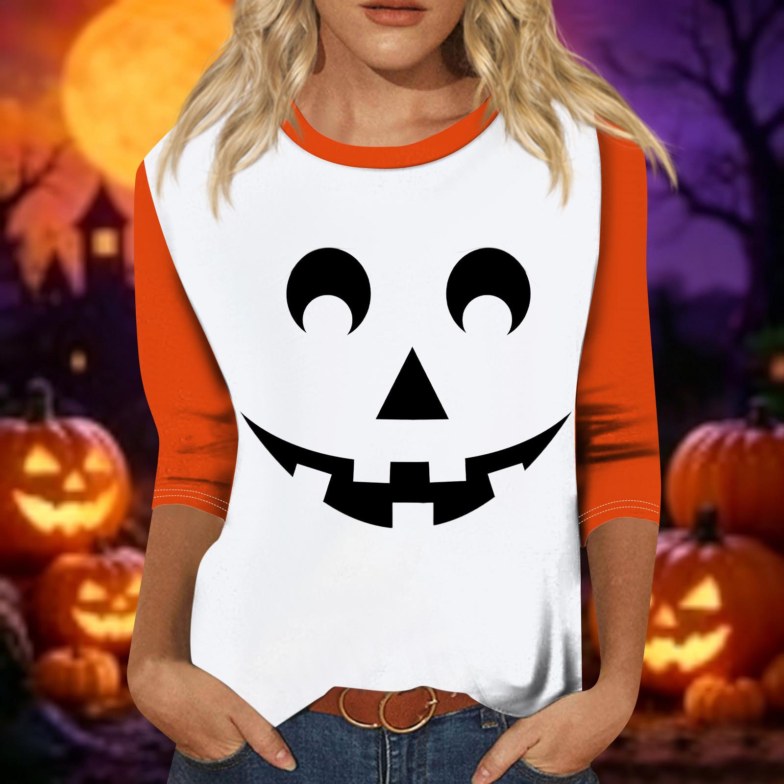 Women s Fashion Casual Three-Quarter Sleeve Halloween Print Round Neck Top XXL