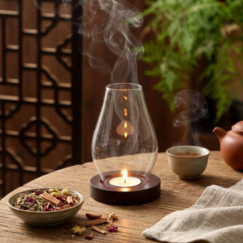 Solid Wood Base Glass Candle Holder Windproof Incenses Stove Lamp  Indoor Environment