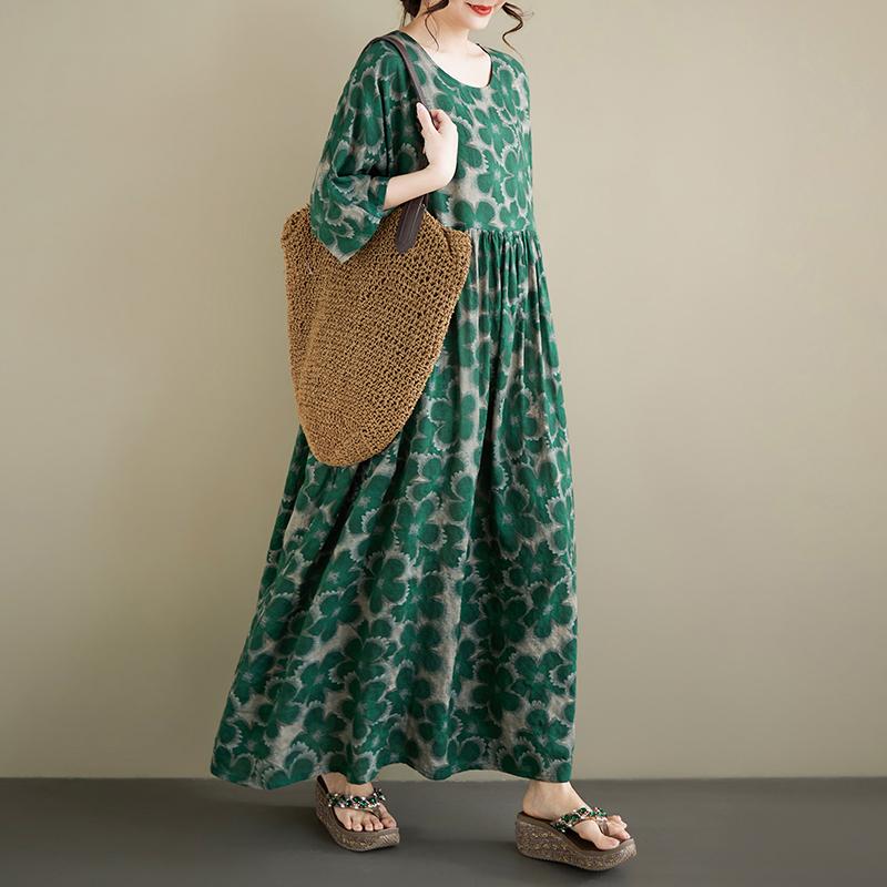 DIMANAF New 2026 Summer Women Plus Size Vintage Lady Long Dress Loose Oversize Maxi Floral Print Cotton Beach Dresses