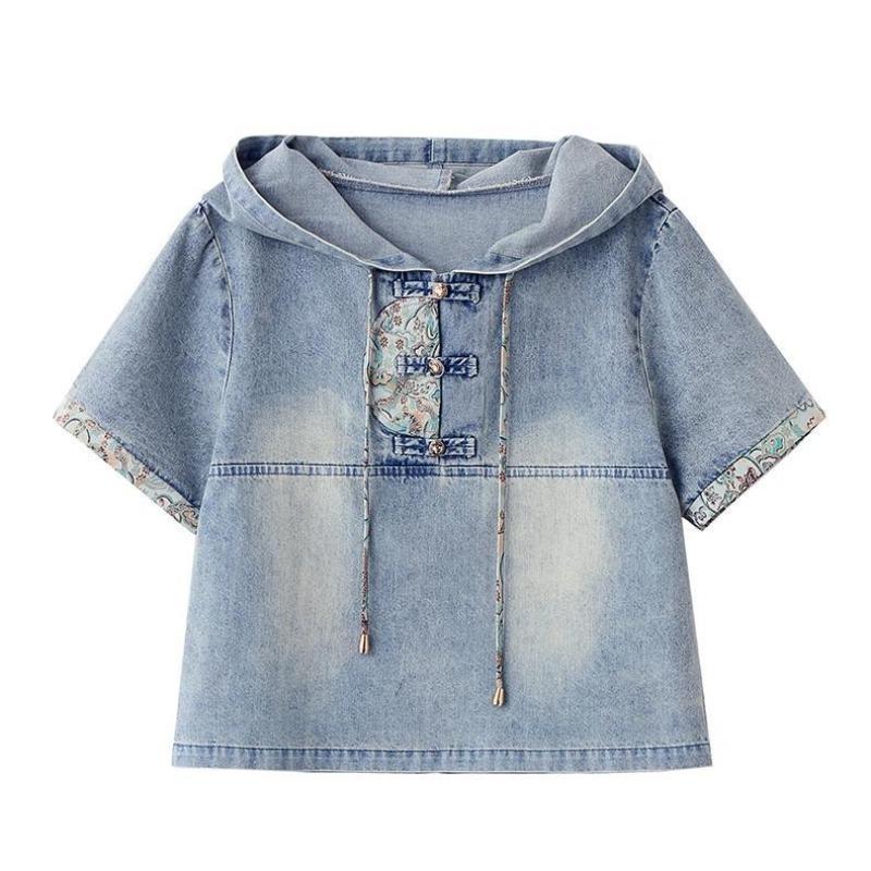 Fashion Embroidery Denim Skirt Set Women Summer Hooded Two Piece Outfit Chinese Style Vintage Youthful