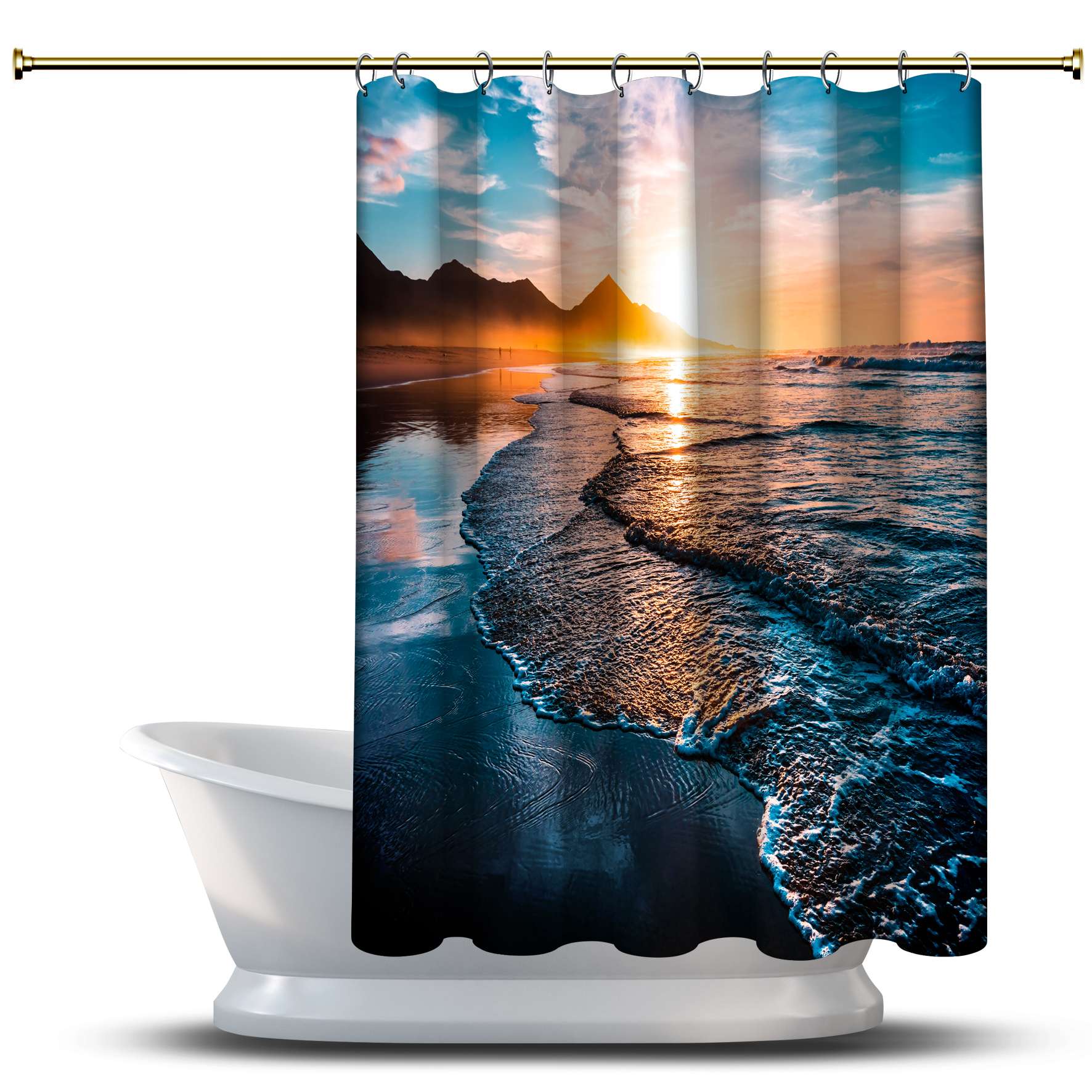 

Занавеска для душа с принтом Закат на пляже / водонепроницаемая для украшения вашей ванной комнаты - многомерные холмы со сверкающими волнами