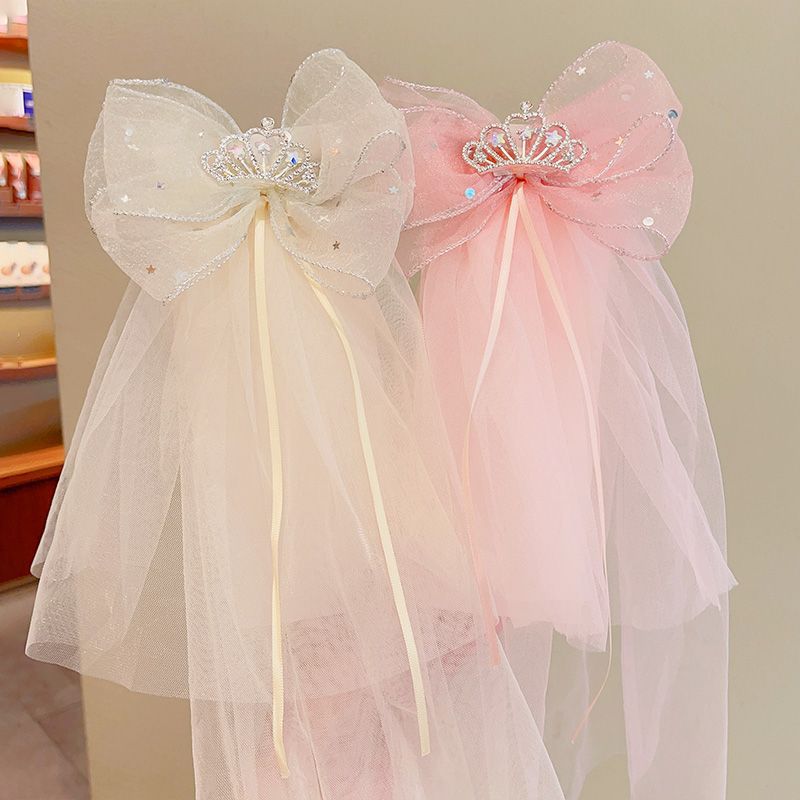 Children's Veil Hairpin Girl's Bow Crown Hairpin Photo Top Clip Baby's Birthday Mesh Headwear Princess Handmade Fashion