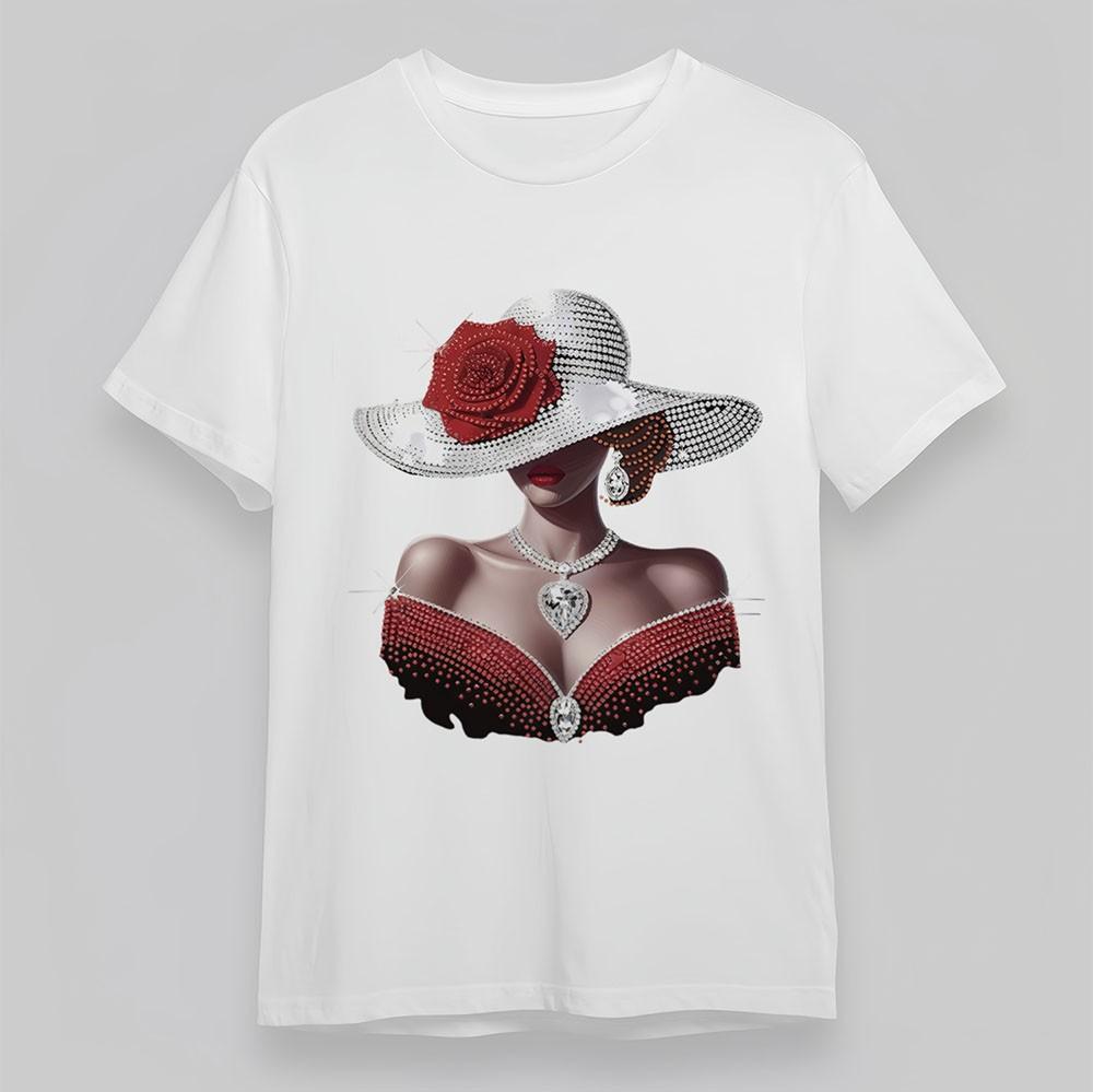 

Women s Comfy T-Shirt Elegant Lady Floral Hat Tee Short Cotton White Oversize 4XL