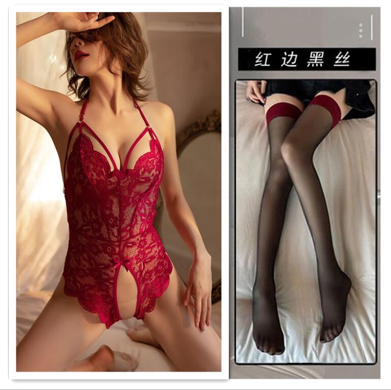 Lace perspective seduction lingerie sexy hot onesie open crotch free sex suit passion pajamas women