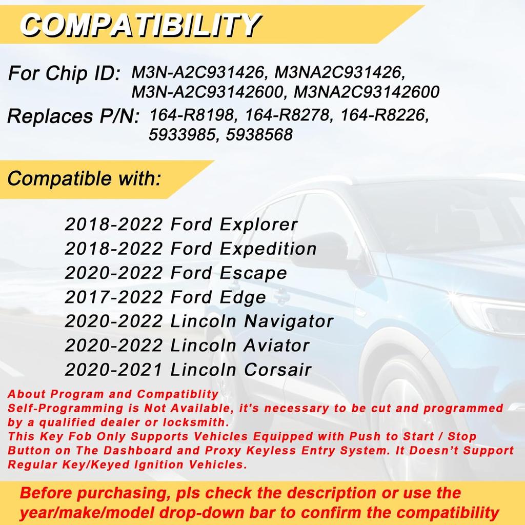 Key Fob Replacement for 2018- Ford Explorer Expedition/ 20-22 Escape & Lincoln Navigator Aviator/ 17-22 Edge/ 20-21 Corsair Car Keyless Entry Remote,