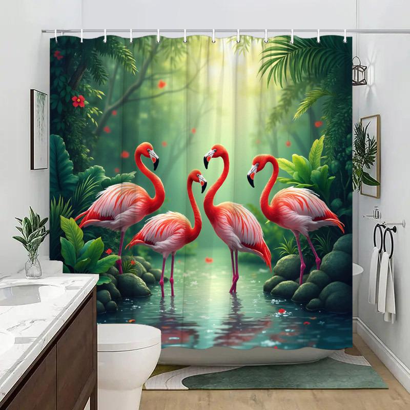 1pc Flamingos In Tropical Forest Digital Painting Shower Curtain Lush Natural Scene Design Polyester 70.8x70.8inch with 12 Hooks
