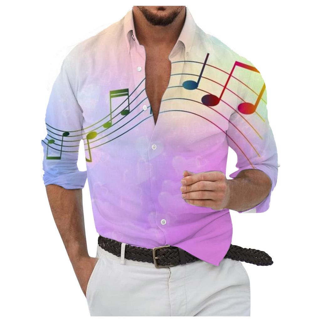 Men's Button Up Shirt Music Notes Collar 3D Print Daily Vacation Long Sleeve Print Clothing Apparel Hawaiian Casual Beach