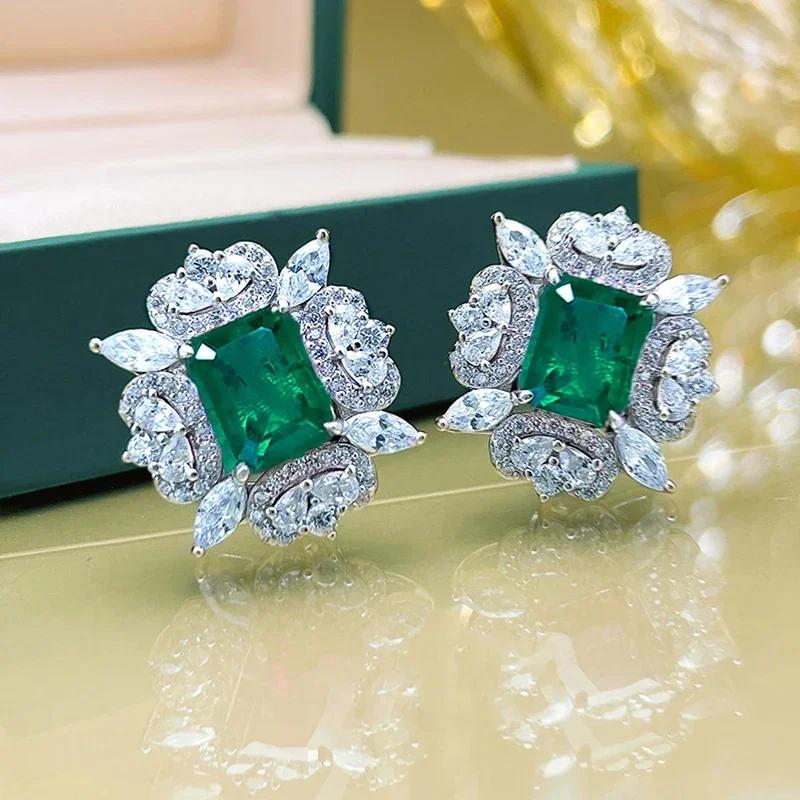 Red/Green Cubic Zirconia Stud Earrings For Women Luxury  Wedding Engagement Party Female Accessory Trendy Jewelry