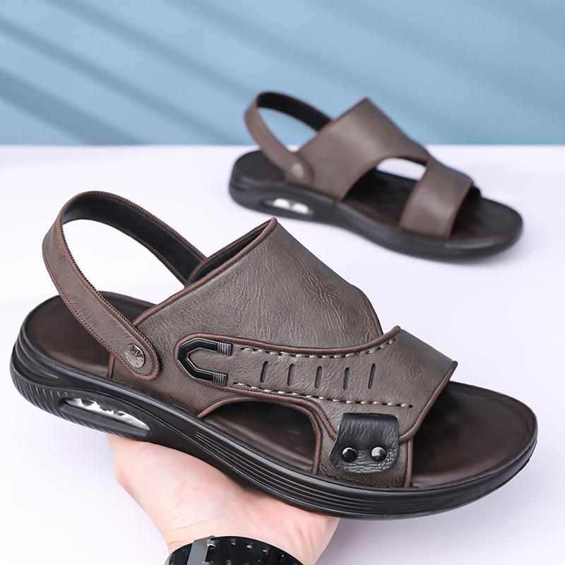 Fashion 2025 Summer Outdoor Leather Sandals for Men Dual-use Solid Color Beach Shoes Slipper Male New Designer  Driving Shoes Man