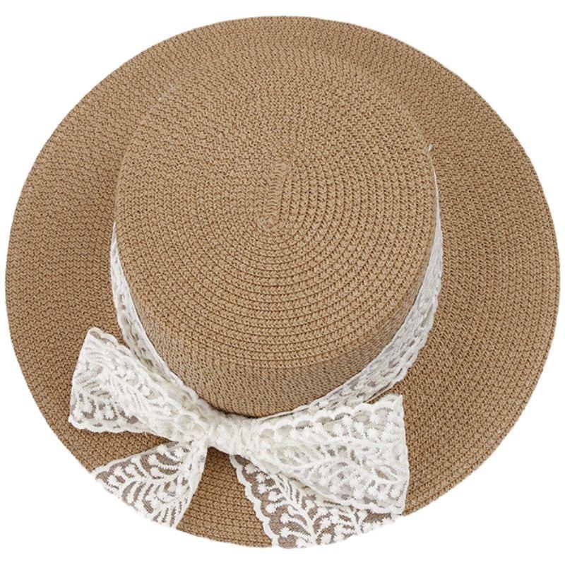 Bow lace strap hat women's outdoor travel flat top straw hat sunshade travel sunscreen big brim top hat