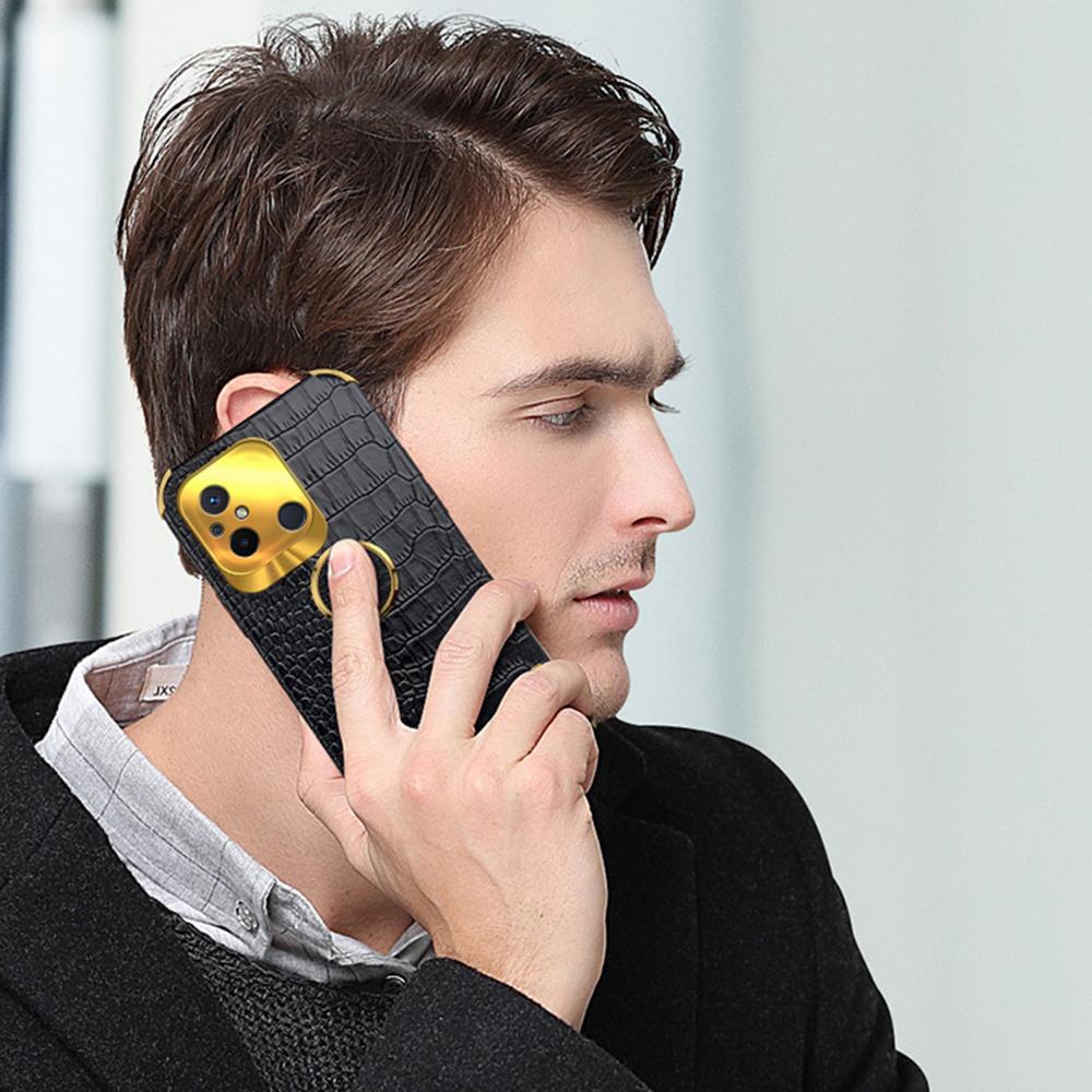 For Xiaomi Redmi 12C 4G Ring Kickstand Leather Coated TPU Anti-drop Case Crocodile Texture 6D Electroplated Phone Cover