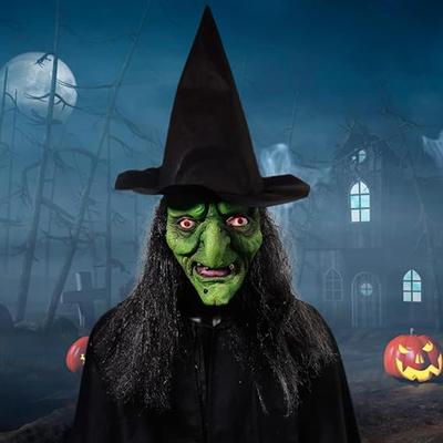 Scary Mask Halloween Horror Evil Mask, Wearing A Wig Hat Green Face Red Eyes Zombie Mask Evil Role-playing Props, Party Props