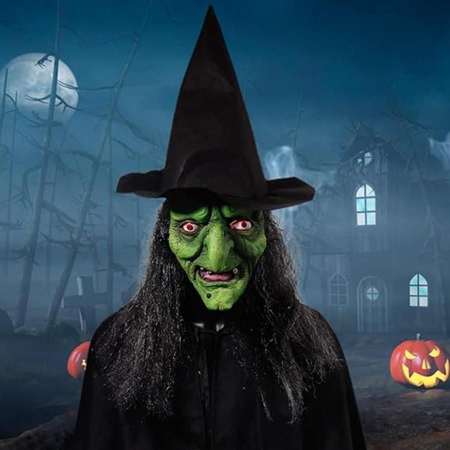 Scary Mask Halloween Horror Evil Mask, Wearing A Wig Hat Green Face Red Eyes Zombie Mask Evil Role-playing Props, Party Props