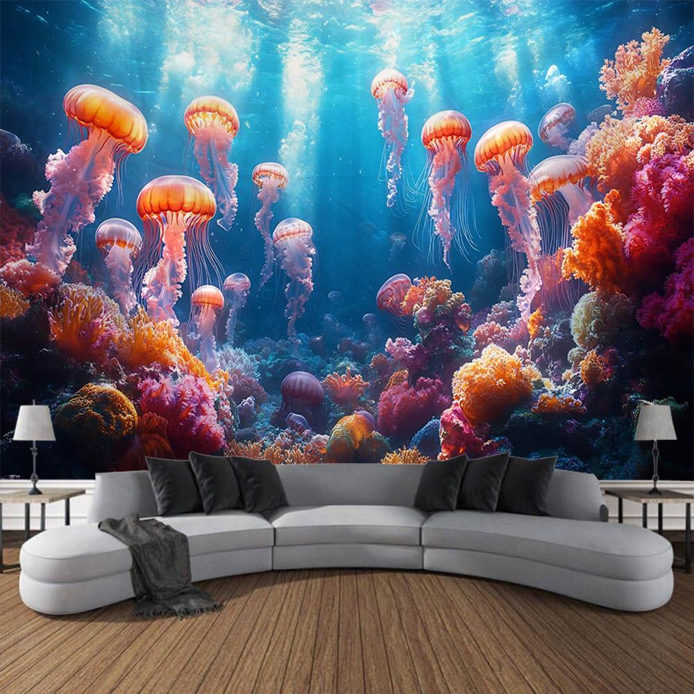 Underwater Jellyfish Wall Tapestry, Dreamy Cartoon Style, Children's Room Background Poster, Home Decoration Mural, Bed Sheets
