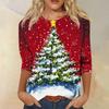 Women's Casual Christmas Print Three-Quarter Sleeve Round Neck Loose Fit Shirt