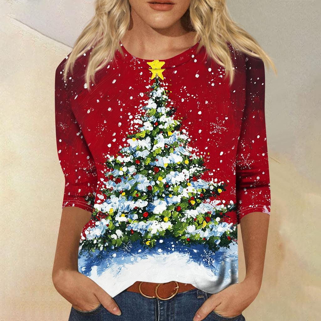 Women's Casual Christmas Print Three-Quarter Sleeve Round Neck Loose Fit Shirt
