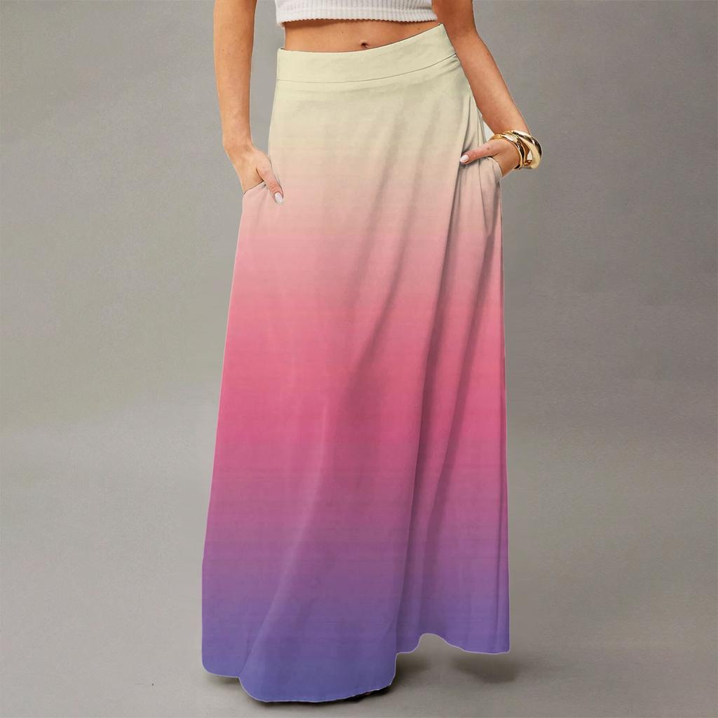 Women's Casual Leisure Foldable Gradient Print High Waist With Pocket Draped  Relaxed Long Maxi Skirt