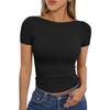Women's Black Boat Neck Short Sleeve Slim Fit Ruched Crop Top