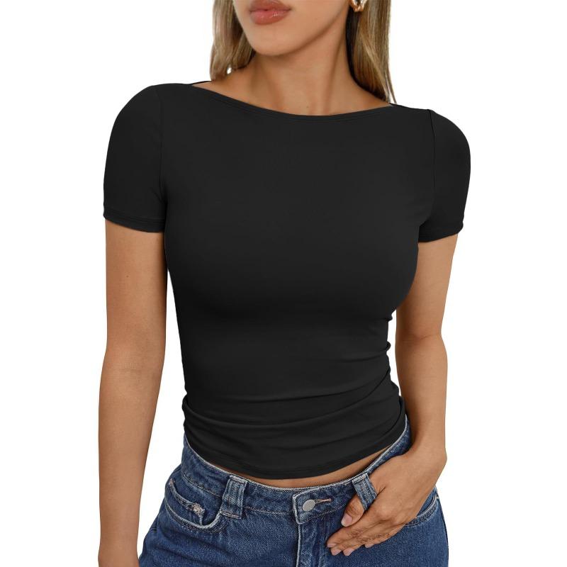 

Women s Black Boat Neck Short Sleeve Slim Fit Ruched Crop Top S чёрный