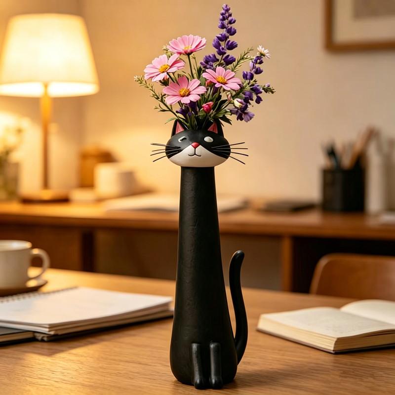 Cat Shaped Resin Vase Cute 1PC Long Neck Cat Animal Ornament Flower Pot Perfect for Living Room Shelf