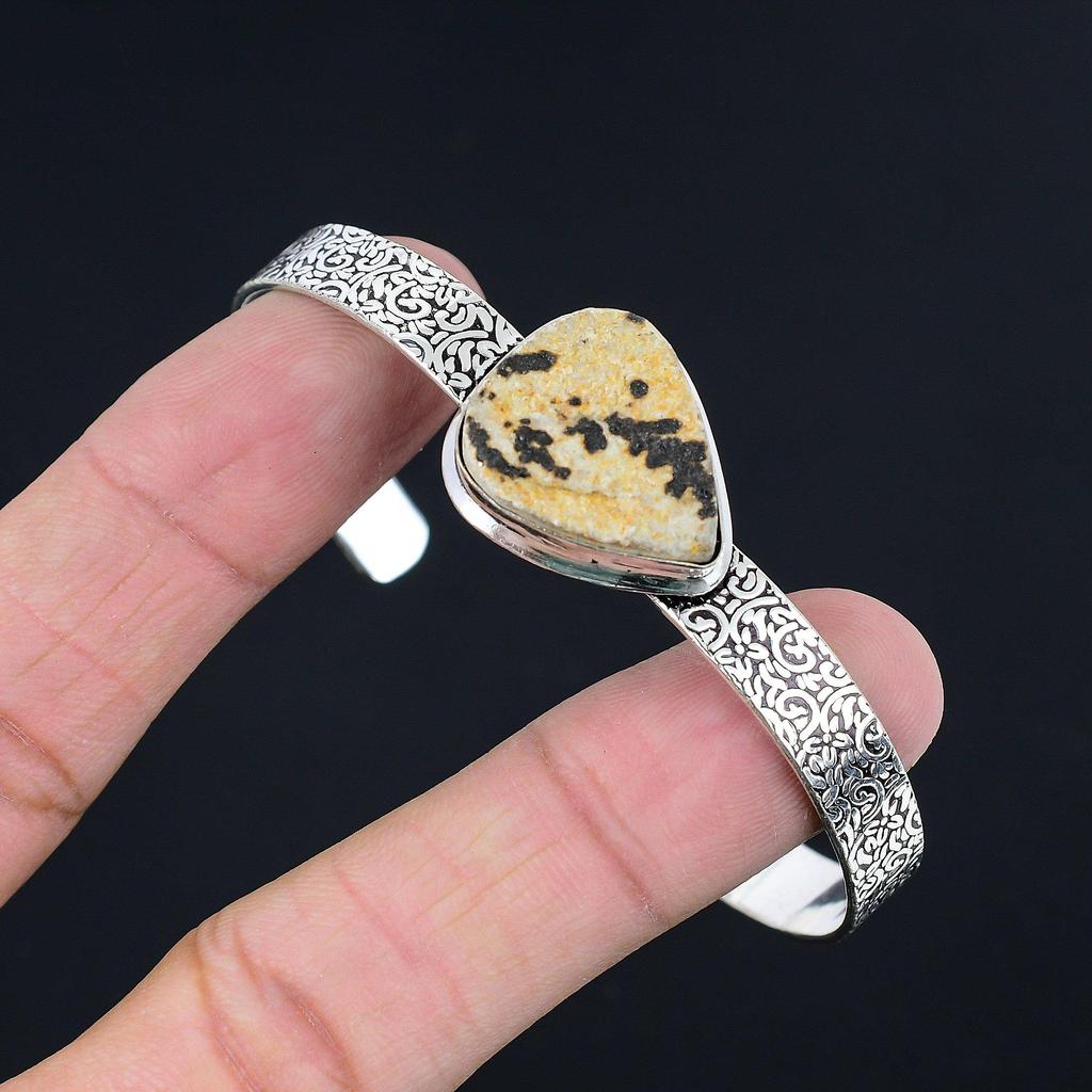 Sterling Silver Pear Psilomelane Dendrite Stone Art Deco Wife Bangle Bracelet