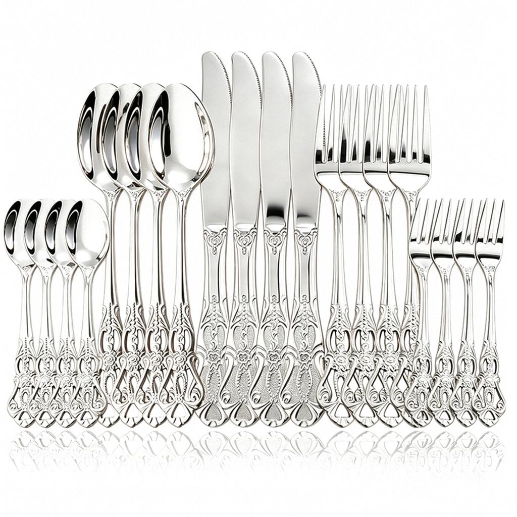 20Pcs Gold Stainless Steel Cutlery Set Royal European Spoon Fork and Steak Knife Retro Hollow Design Dinnerware Luxury Tableware