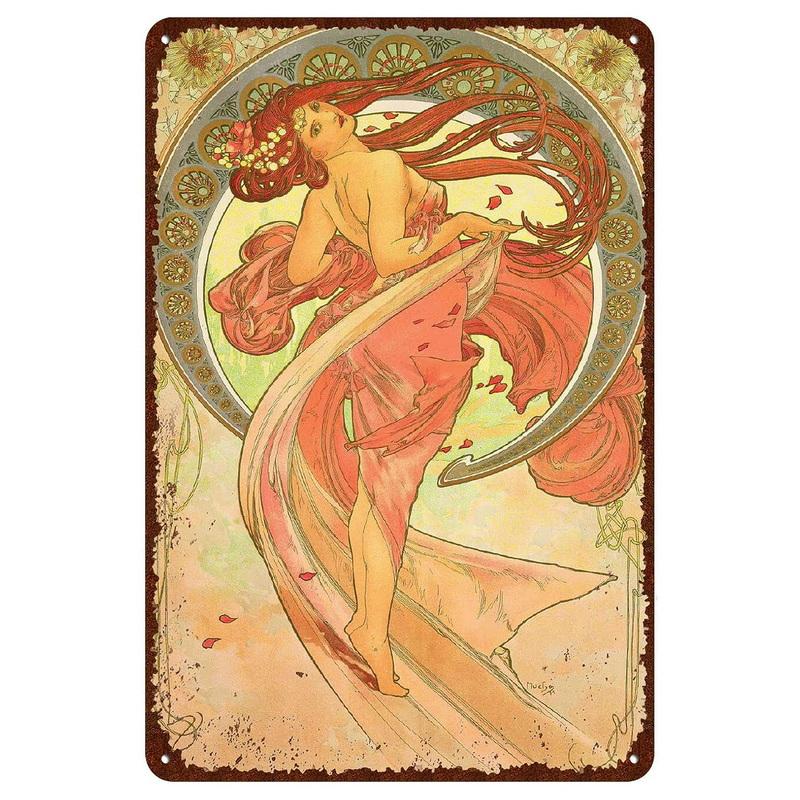 Vintage Metal Tin Signs Beauty-Art Nouveau Decorative Signs Four Seasons - Illustration Girl Retro Wall Decor Home Wall Signs