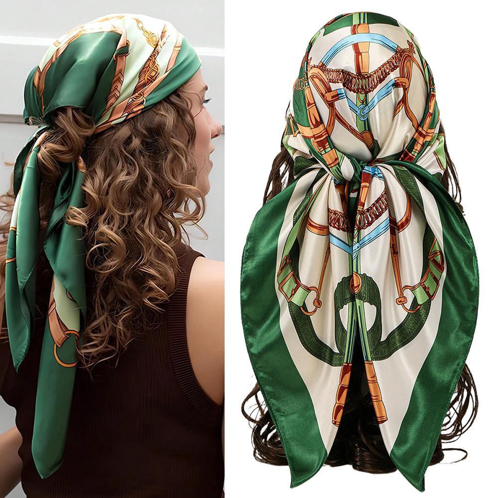 90*90Cm Ethnic Chains Square Scarf Hijab Luxury Printed Hair Wraps Shawl Women Fashion Soft Satin Bandana Floral Handkerchief