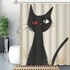 Halloween Art Line Black Cat Shower Curtain - Abstract Retro Print, Polyester Fabric, 12 Hooks Included, Creative Bath Decor