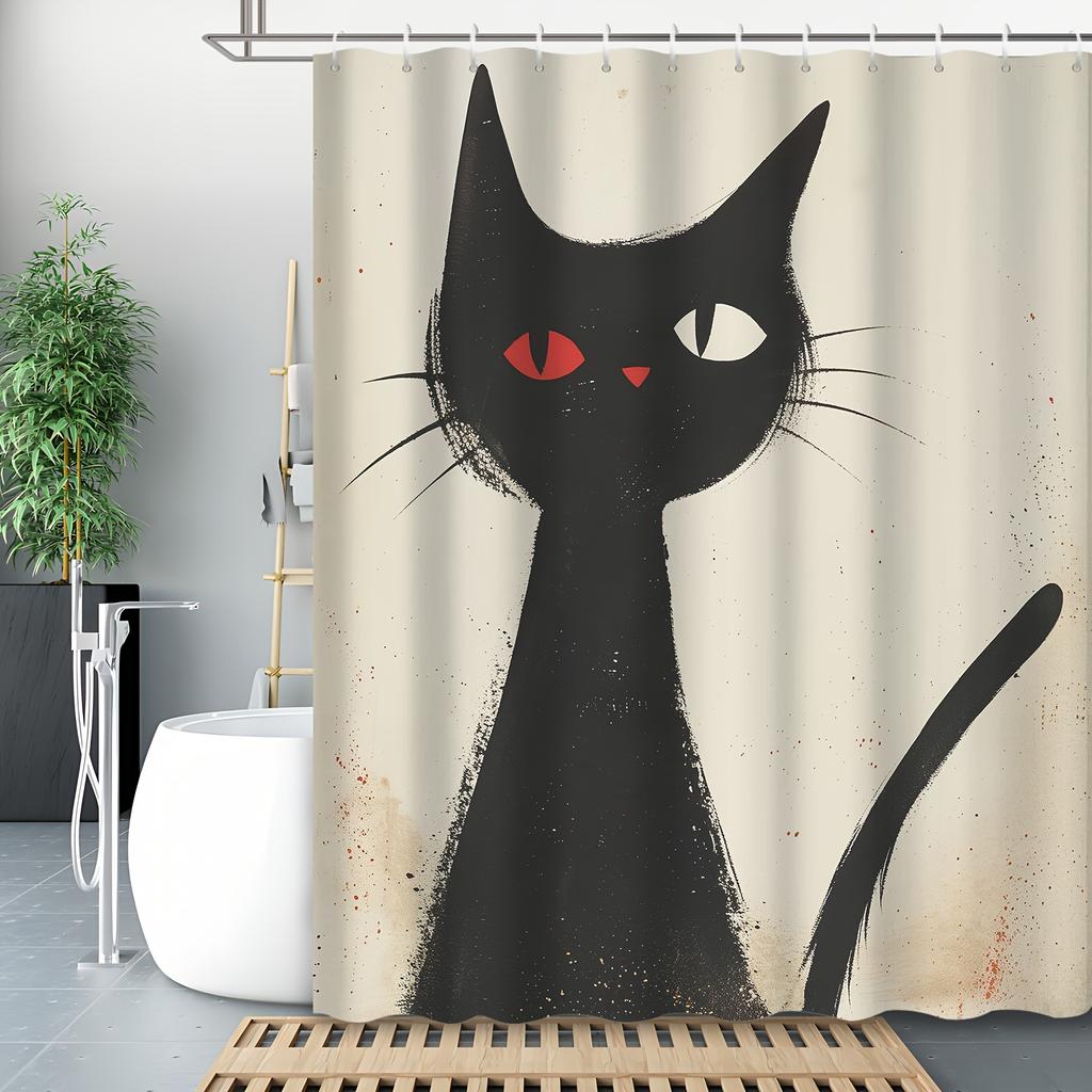 Halloween Art Line Black Cat Shower Curtain - Abstract Retro Print, Polyester Fabric, 12 Hooks Included, Creative Bath Decor