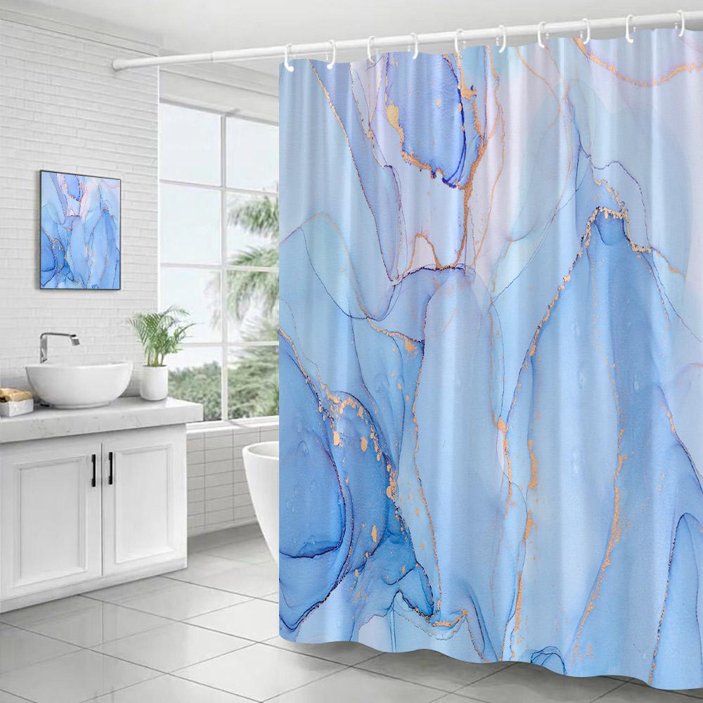 Abstract Blue Marble Shower Curtains Ink Art Textured Pattern Modern Polyester Fabric Home Bathroom Curtain Decor Set With Hooks