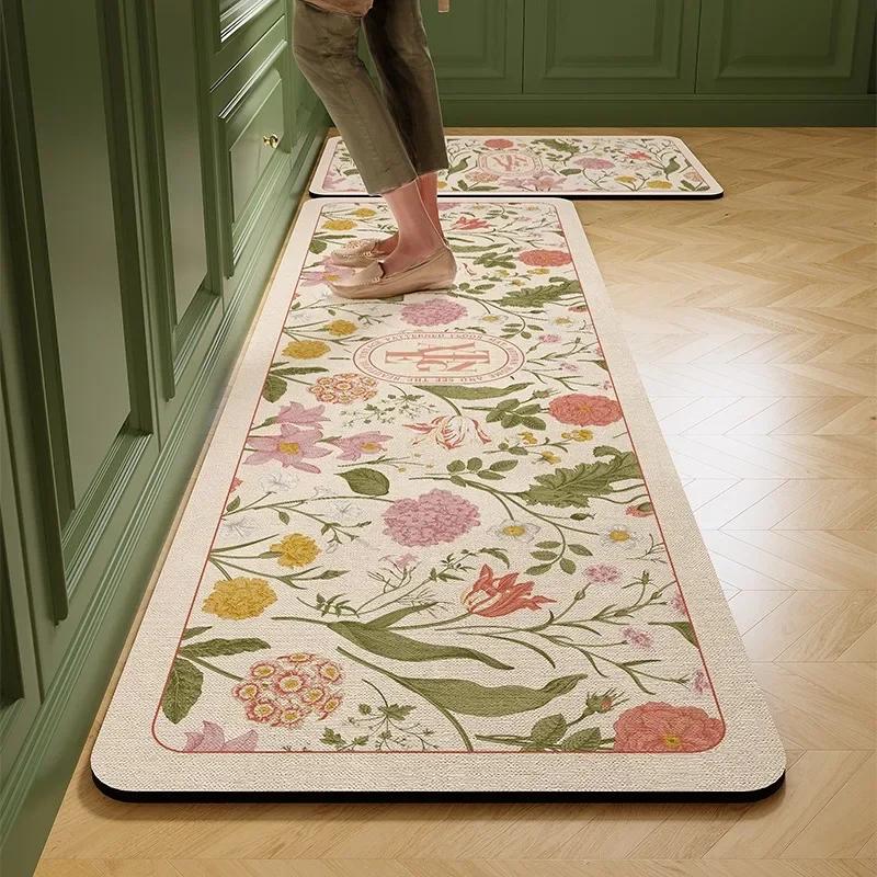 PVC Kitchen Carpet Waterproof Non-slip Oil-proof Leather Rug American Style Flower Pattern Floor Mat  Household Long Strip Mats