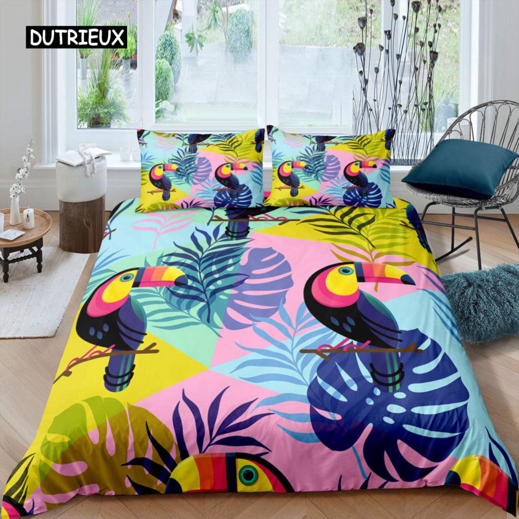 Parrot Duvet Cover Set Black White Stripe Bedding Set Green Plant Palm Leaves Quilt Cover Bird Animal Polyester Comforter Cover