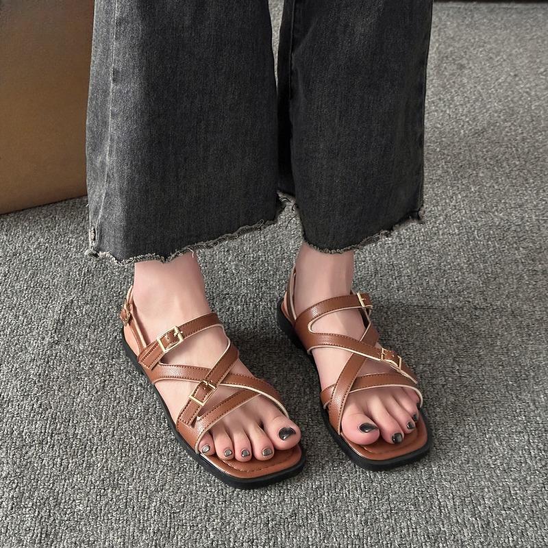 Fashion Low Heel Roman Sandals Summer New Square Head Open Toe Metal Belt Buckle Thin Belt Soft Sole Anti-slip Wear-resistant Flat Shoes