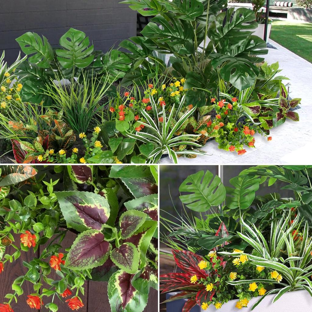 18 Bundles Outdoor Artificial Plants UV Resistant Fake Greenery Stems Faux Shrubs for Outside Porch Patio Garden Window Decor