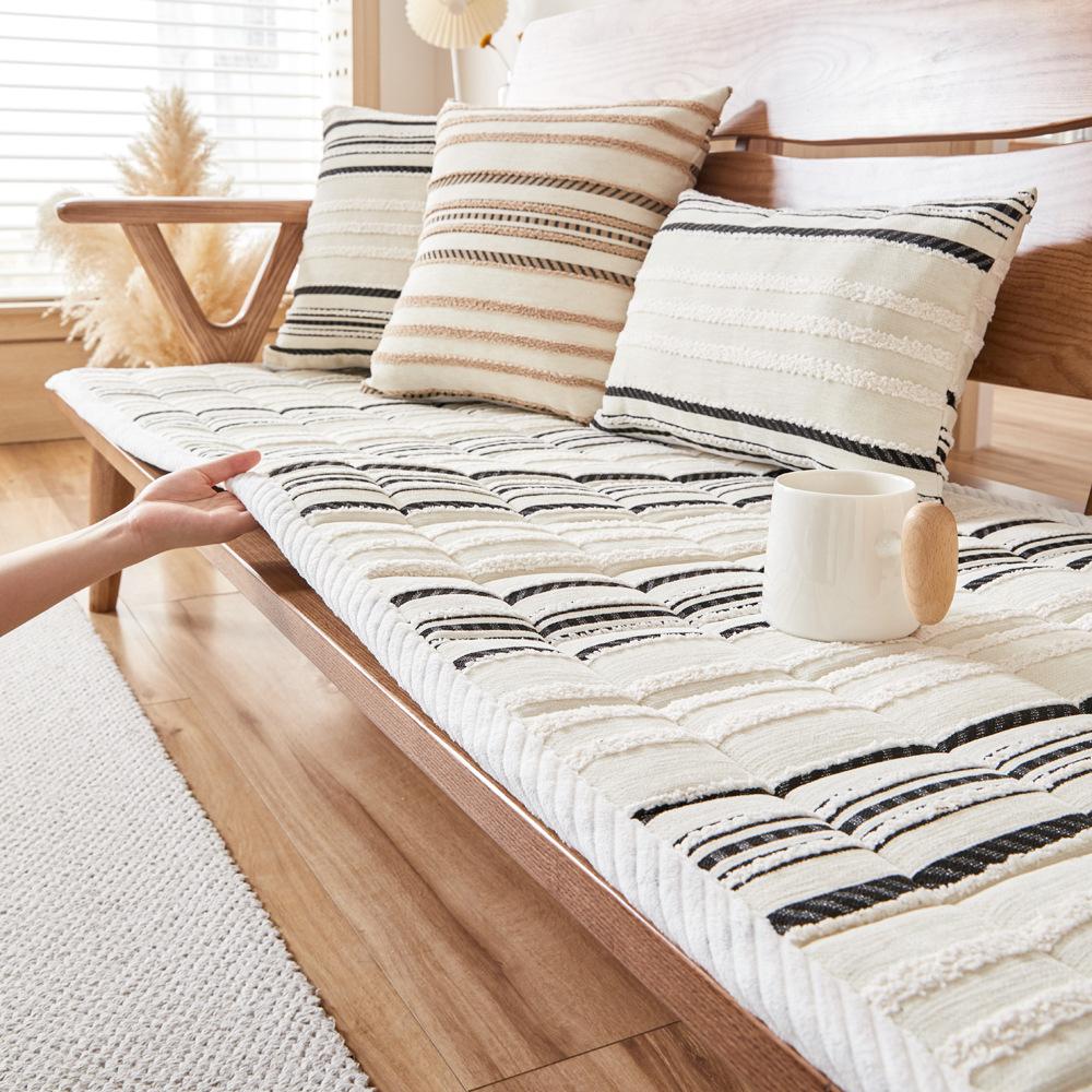 Striped Chenille Plush Sofa Cushion, All-Season Non-Slip Mahogany Solid Wood Seat Cushion, Plush Thickened New Model