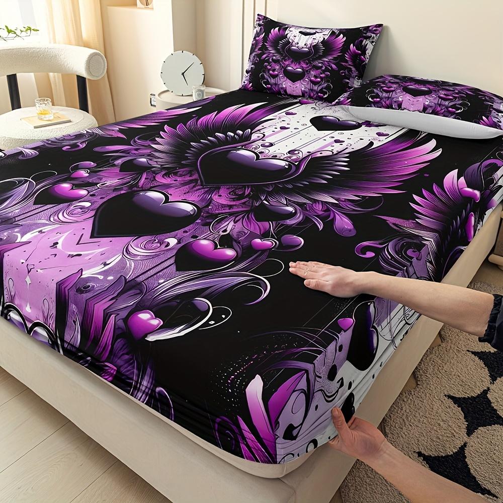 1 Stück Spannbettlaken Lila Herzförmiger Flügel-Print 100% Polyesterbezug Atmungsaktives Bettwäscheset Heimdekor ohne Kissenbezüge