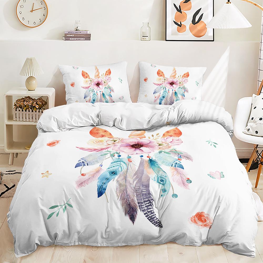 Three-Piece 3D Quilt Cover Dream Catcher Feather Dark Kit Bedding