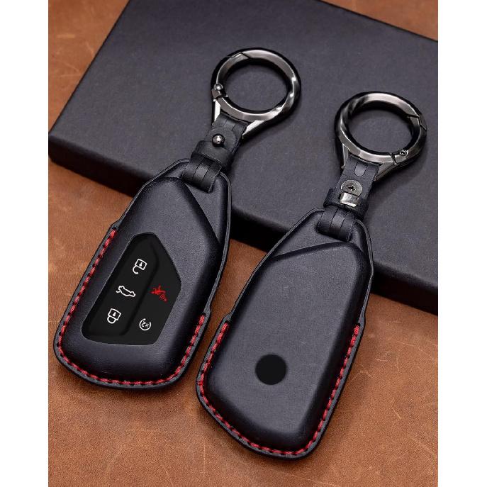 For VW Atlas Key Fob Cover Premium Leather Car Remote Case Holder Keychain Compatible for Volkswagen ID4 MK8 Golf GTI 2025 2024 -Black