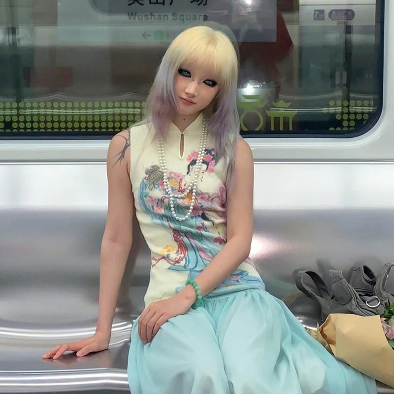 Japanese Y2k Ribbed Tank Top Fairycore Print Sleeveless Tops Vintage Harajuku Slim Tanktop 2000s Aesthetics Clothes 90s