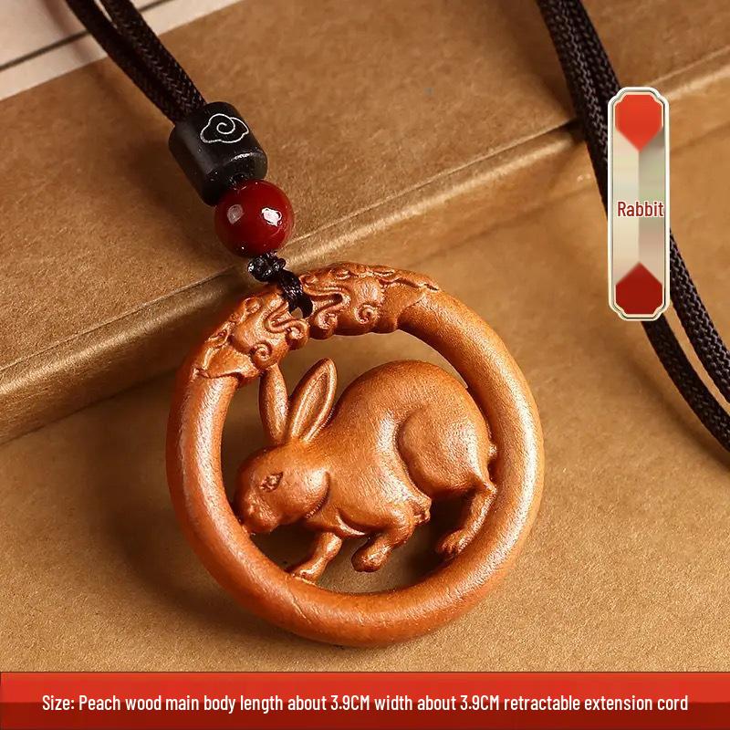 Peach Wood Zodiac Keychains: Year of the Dragon Pendant with Rat, Ox, Tiger Carvings - Carry-on Ornament Gift