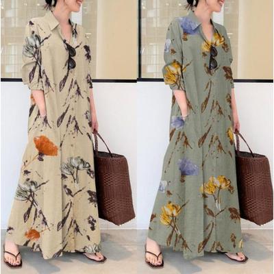 New Cotton Linen Floral Collared Long Sleeve Pocketed Loose Casual Long Cardigan Dress with Flared Skirt Twist Color Lapel Pocket Simple