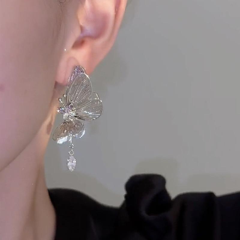 Purple Zircon Silver Color Hollow Butterfly Tassel Earrings For Women Fashionable Daily Accessory Party Birthday Gifts