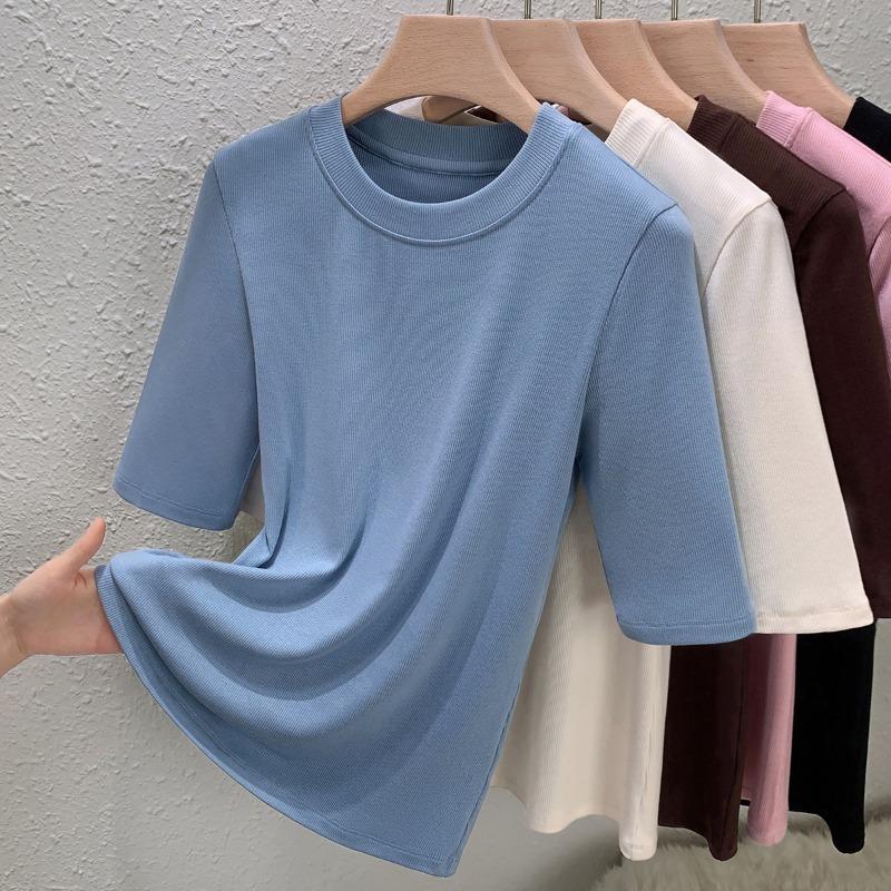 Women's new crew neck bottoming shirt solid color medium sleeve cotton slim fit with silk protein top