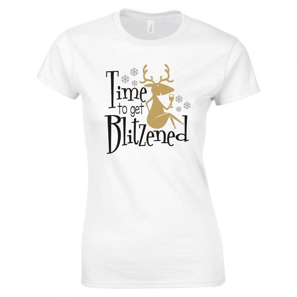 Funny Christmas Time To Get Blitzened Ladies Skinny Fit Tshirt S