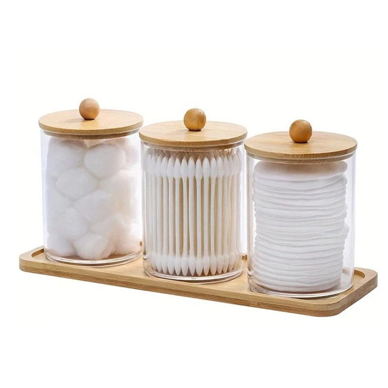 Bamboo Lid Cotton Swab Storage & Makeup Pad Holder - Transparent Acrylic Set