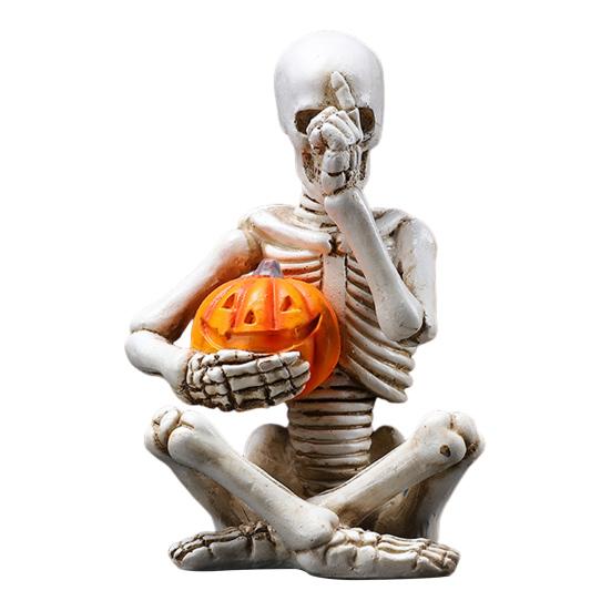 Yousheng Halloween Holding Pumpkin Skeleton Figurine Creepy Sitting Skeleton Resin Statue Sculpture Holiday Party Decoration Ornament