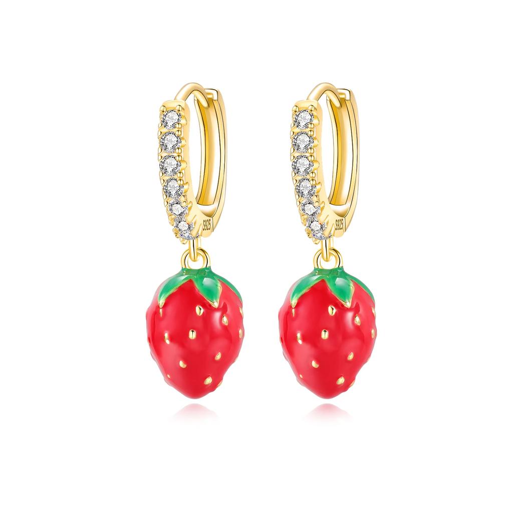 Original Earrings 925 Silver Fruit Series Cherry Strawberry Hoop Earrings Ear Studs Zircon Making Jewelry for Women Girl Party